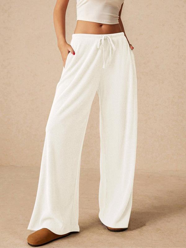 Women's Plain Drawstring Waist Wide Leg Pants, Casual Pocket Trousers for Daily Wear, Ladies Bottoms for All Seasons
